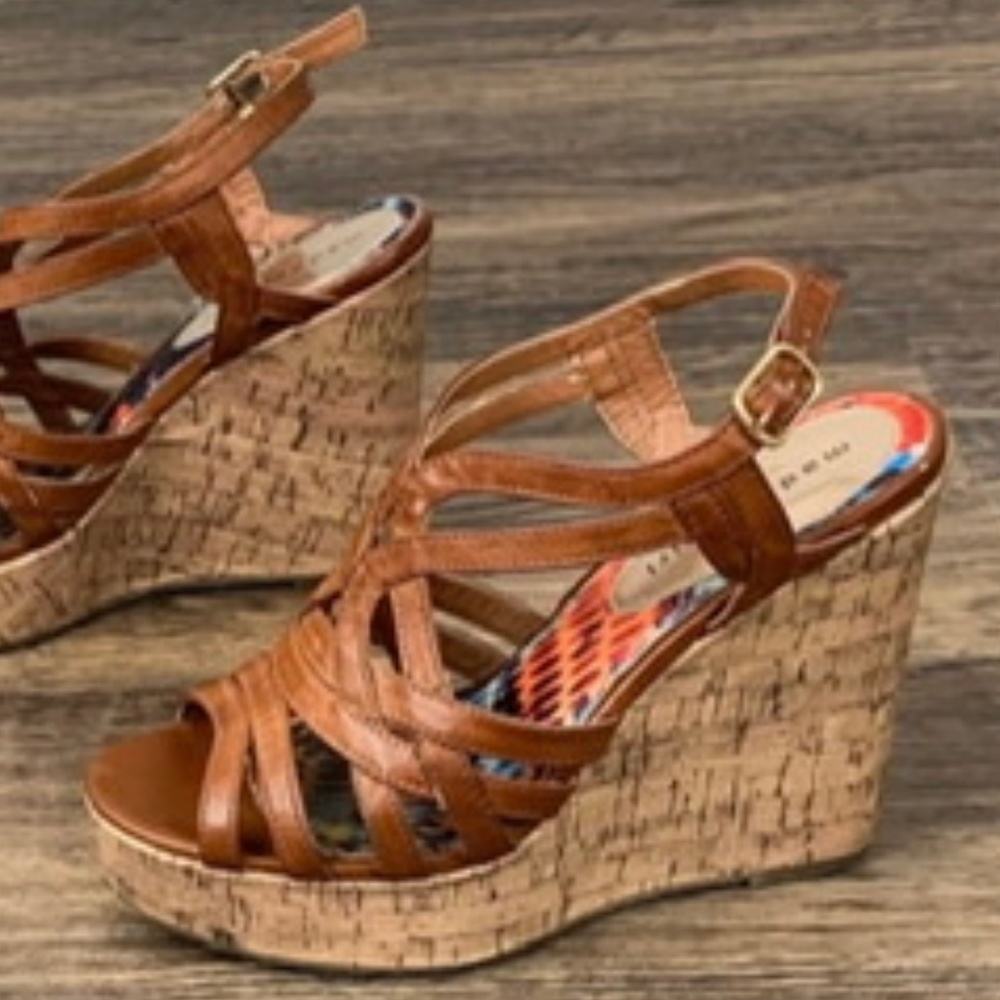 Madden Girl cognac cork platform wedge sandals